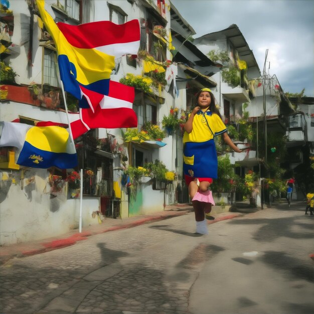 写真 コロンビアの旗を掲げる少女