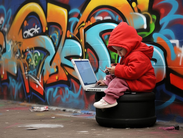 Colombian kid working on a laptop in a vibrant urban setting