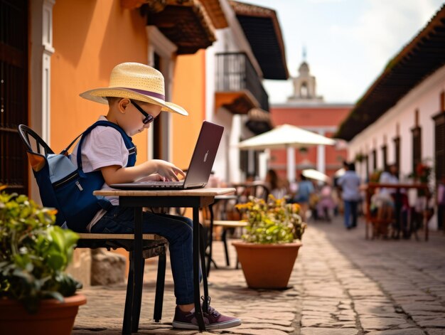 Colombian kid working on a laptop in a vibrant urban setting