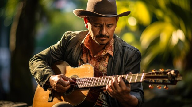 Colombian man playing guitar sitting on a bench in a public park in Colombia