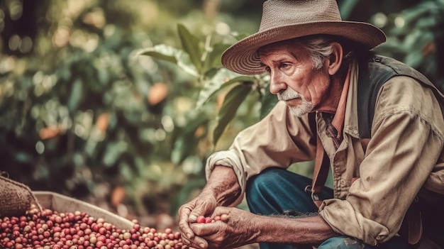 Colombian man wearing hat harvesting ripe coffee on plantation