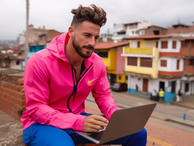 Colombian man working on a laptop in a vibrant urban setting