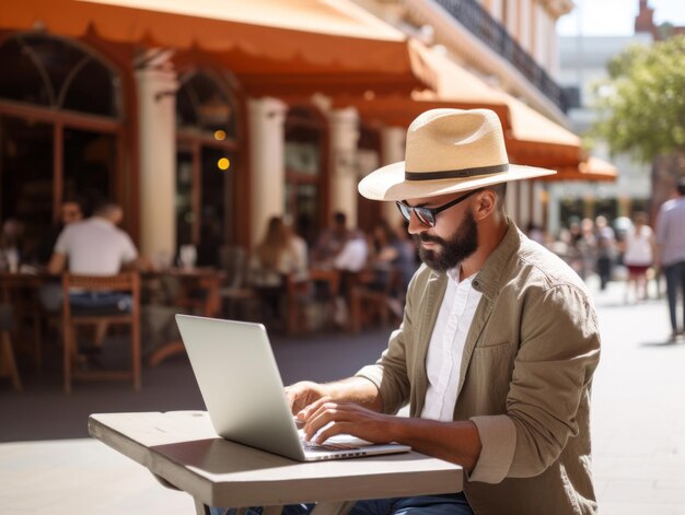 Colombian man working on a laptop in a vibrant urban setting