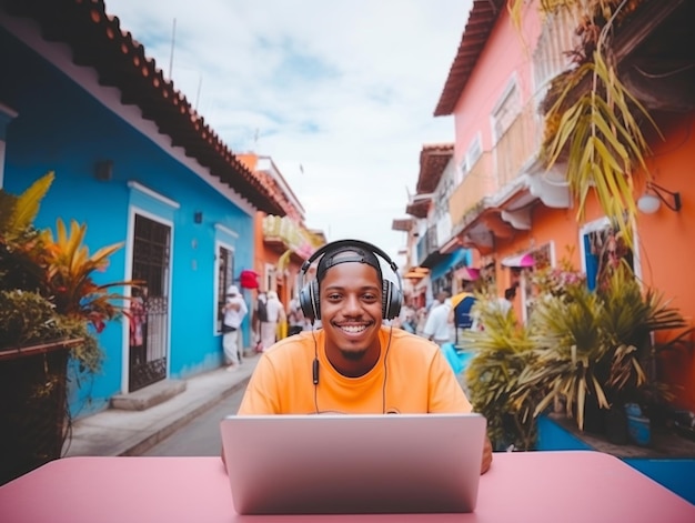 Colombian man working on a laptop in a vibrant urban setting