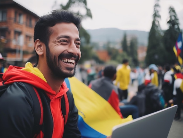 Colombian man working on a laptop in a vibrant urban setting