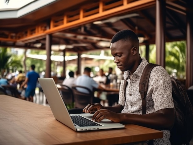 Colombian man working on a laptop in a vibrant urban setting