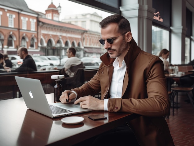 Colombian man working on a laptop in a vibrant urban setting