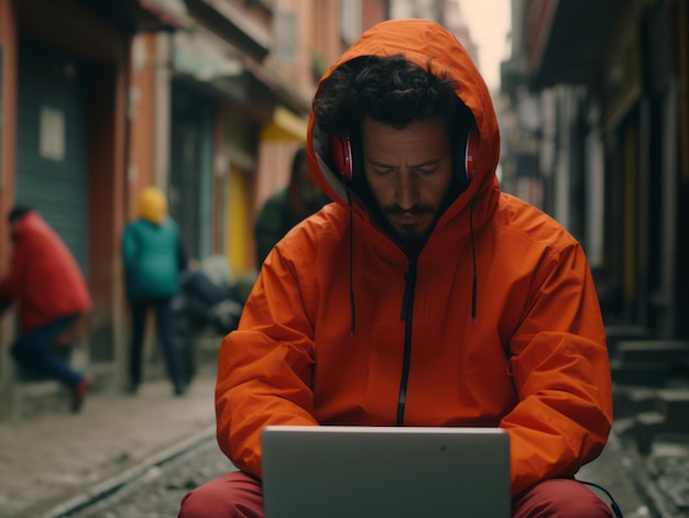 Colombian man working on a laptop in a vibrant urban setting