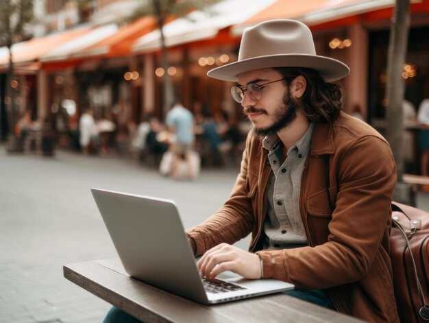 Colombian man working on a laptop in a vibrant urban setting