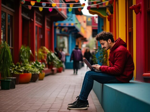 Colombian man working on a laptop in a vibrant urban setting