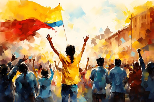 Colombian people celebrating their vibrant culture and national pride with traditional flags