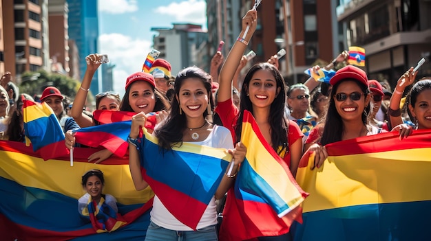 Photo colombian people holding colombia flag in the center of the city bluered people around