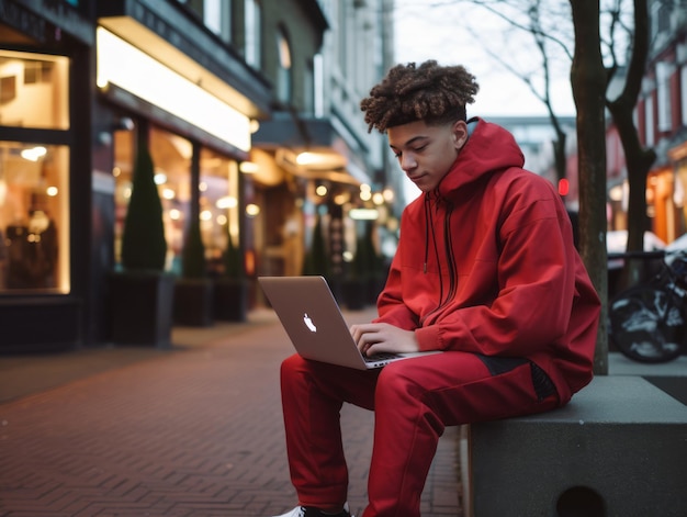 Colombian teenager working on a laptop in a vibrant urban setting