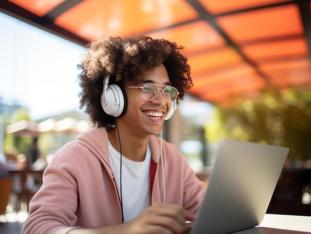 Colombian teenager working on a laptop in a vibrant urban setting