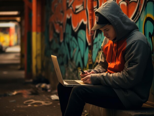 활기찬 도시 환경에서 노트북을 사용하는 콜롬비아 십대