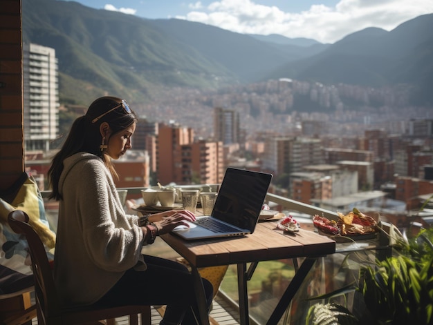 Foto adolescente colombiano che lavora su un portatile in un ambiente urbano vibrante