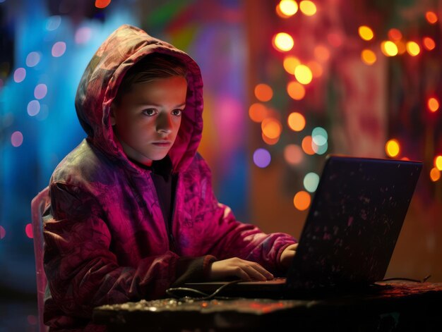 Colombian teenager working on a laptop in a vibrant urban setting