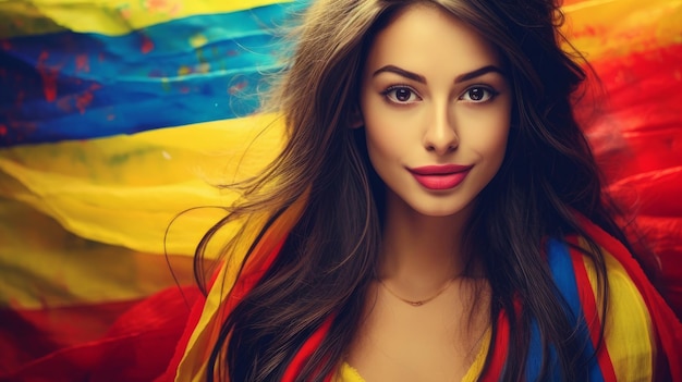 Colombian woman against the background of the Colombian flag