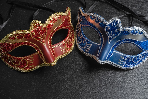 The Colombina, red, blue carnival or masquerade masks