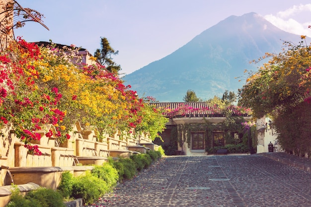 Colonial architecture in ancient Antigua Guatemala city, Central America, Guatemala