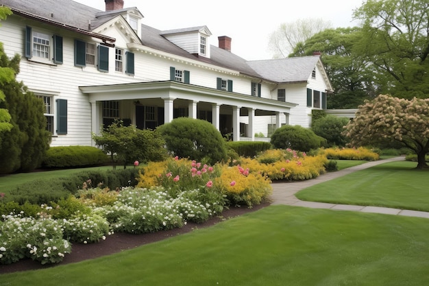 Colonial house exterior with view of manicured lawn and flowerbeds