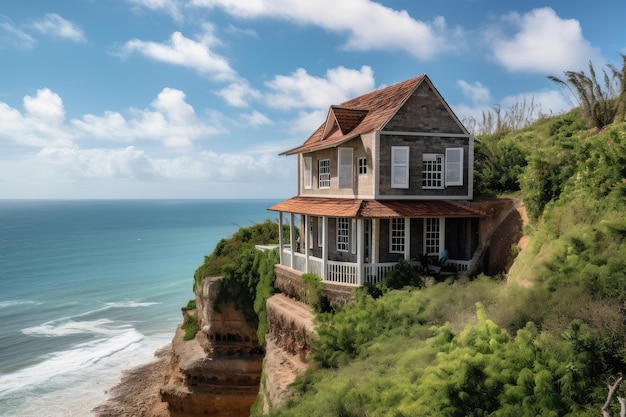 Colonial house perched on the edge of a cliff with views of the ocean in the background