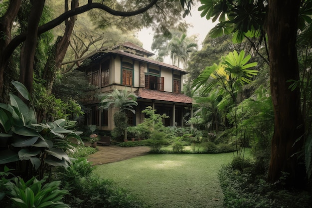 Colonial house surrounded by lush gardens and towering trees