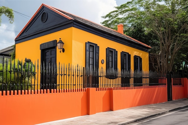 Colonial house with its exterior walls painted in vibrant colors and a black metal fence