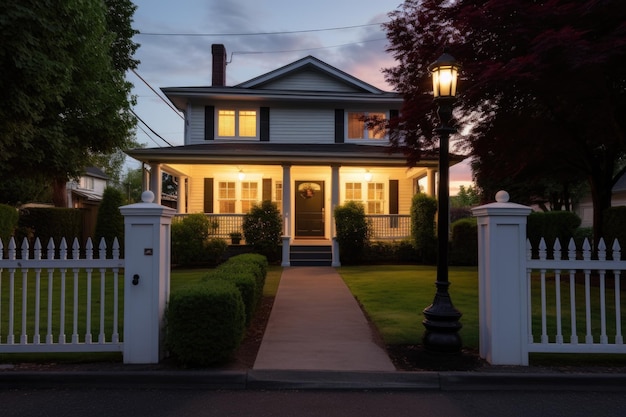 Colonial house with lamp posts at front gate