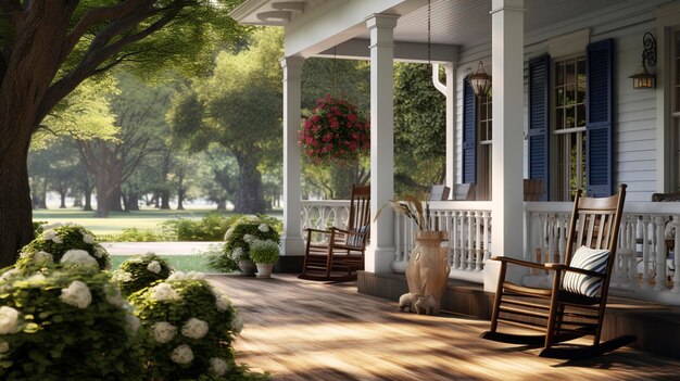 A colonial house with a spacious front porch and rocking chairs