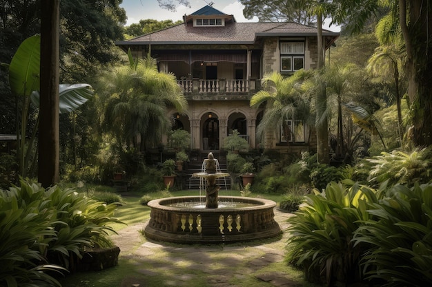 Colonial house with view of lush gardens and water features against sunny sky