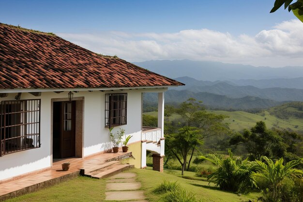 Colonial house with view of lush rolling hills and a distant mountain range beyond