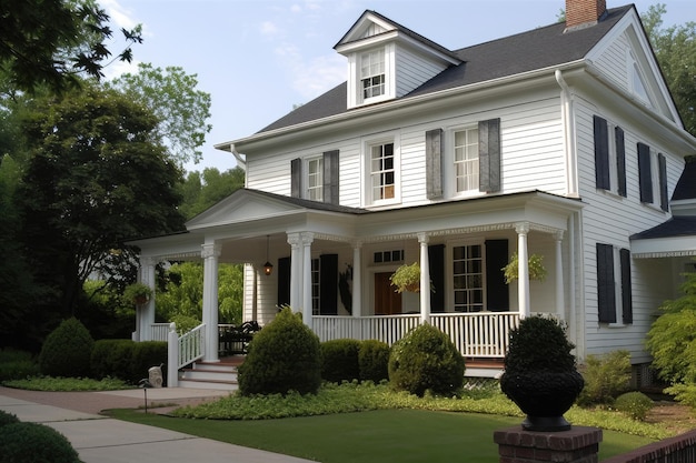 Colonial house with wraparound porch and decorative lanterns
