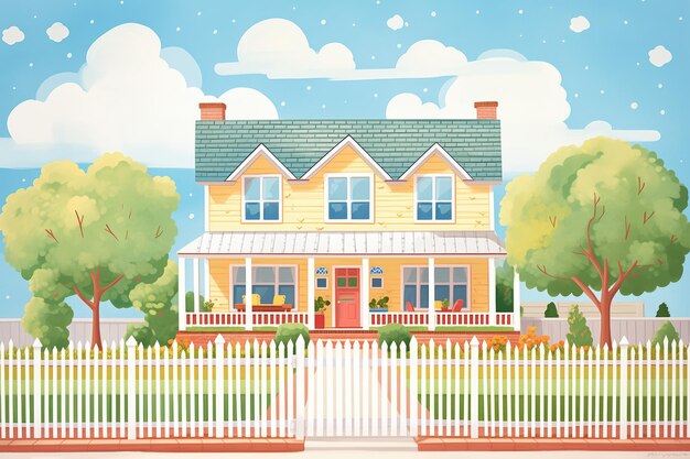 Colonial revival house with a white picket fence magazine style illustration