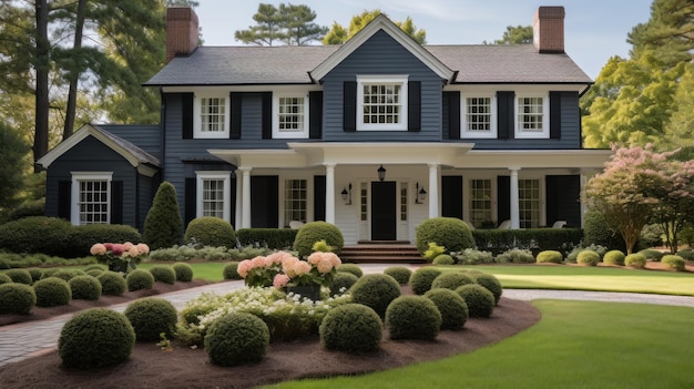 Photo colonial style brick family house exterior with black roof tiles