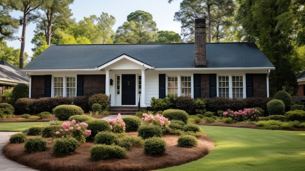 Colonial style brick family house exterior with black roof tiles