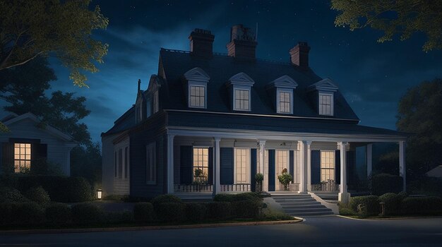 Colonial style house in night scene