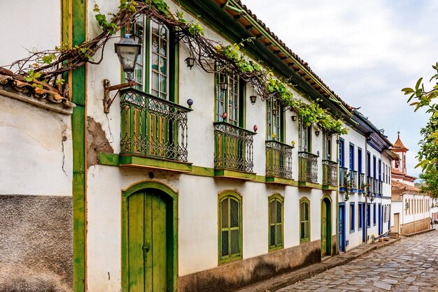 Colonial style houses and cobblestone street in the old and historic town of diamantina