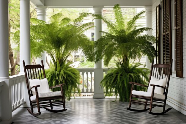 A colonialstyle porch with white rocking chairs and a hanging fern