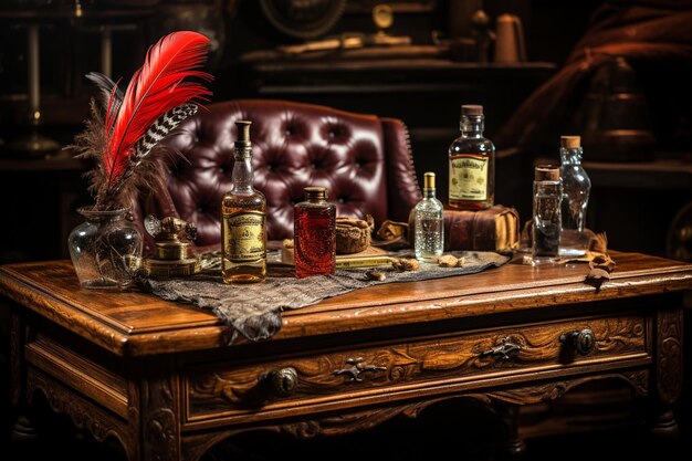 Photo a colonialstyle writing desk with a feather quill and inkwell