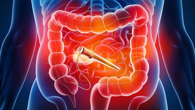 Colonoscopy technology concept with 3d rendering x ray endoscope inside of intestine