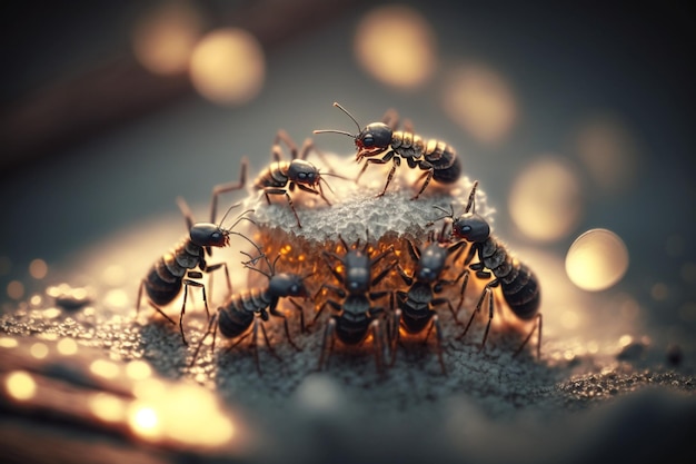 Колония муравьев, работающих вместе, чтобы нести еду