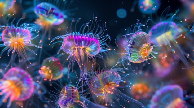 Photo a colony of colorful dinoflagellates each cell equipped with a long hairlike tentacle used for
