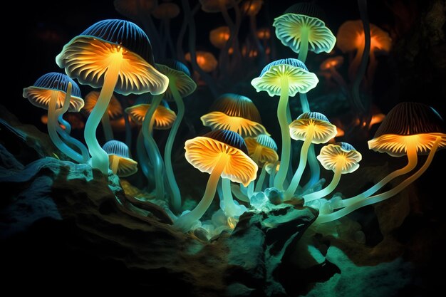 Colony of glowing mushrooms in a subterranean cavern Generative AI