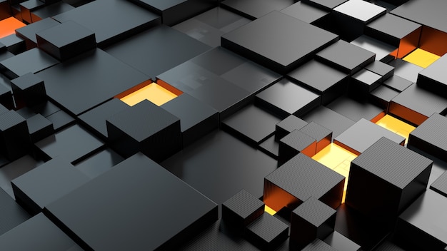 Rendering 3d astratto di colore di sirface segmentato in quadrati. alcuni elementi illuminano. alcuni cubi hanno una trama dettagliata.