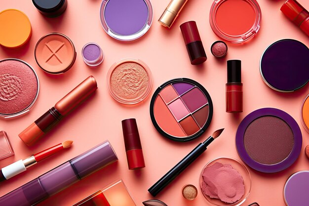 A color background featuring a collection of cosmetic products arranged in a flat lay composition