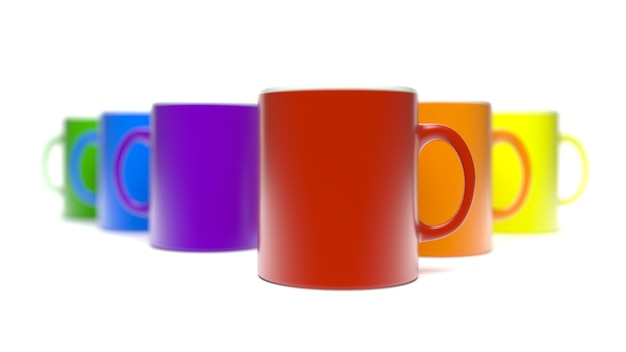 Фото Цветные чашки, изолированные на белом фоне 3d реалистичная визуализация иллюстрации