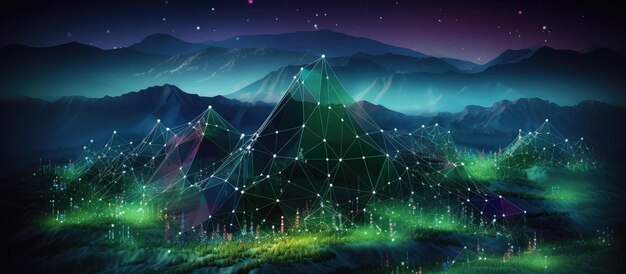 Photo color dots and lines mountain technology background