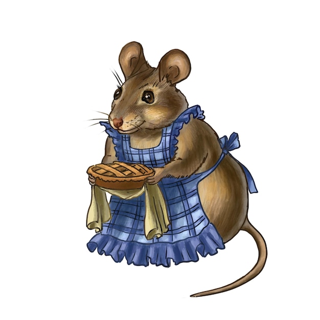 Photo color drawing of a mouse in an apron with a homemade pie for children's products and website design