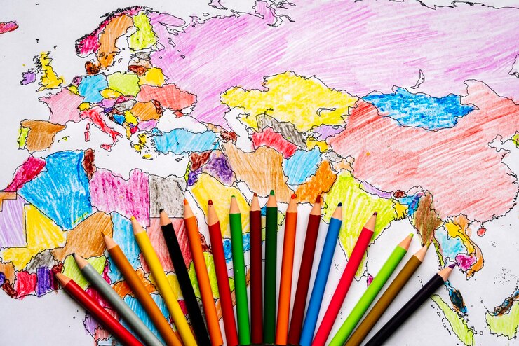 Photo color drawing world map with colored pencils for children and kids high quality photo
